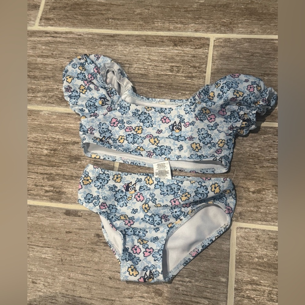TODDLER GIRLS KIDS BLUEY SWIMSUIT BATHING SUIT FLOWER FLORAL PUFF SLEEVE